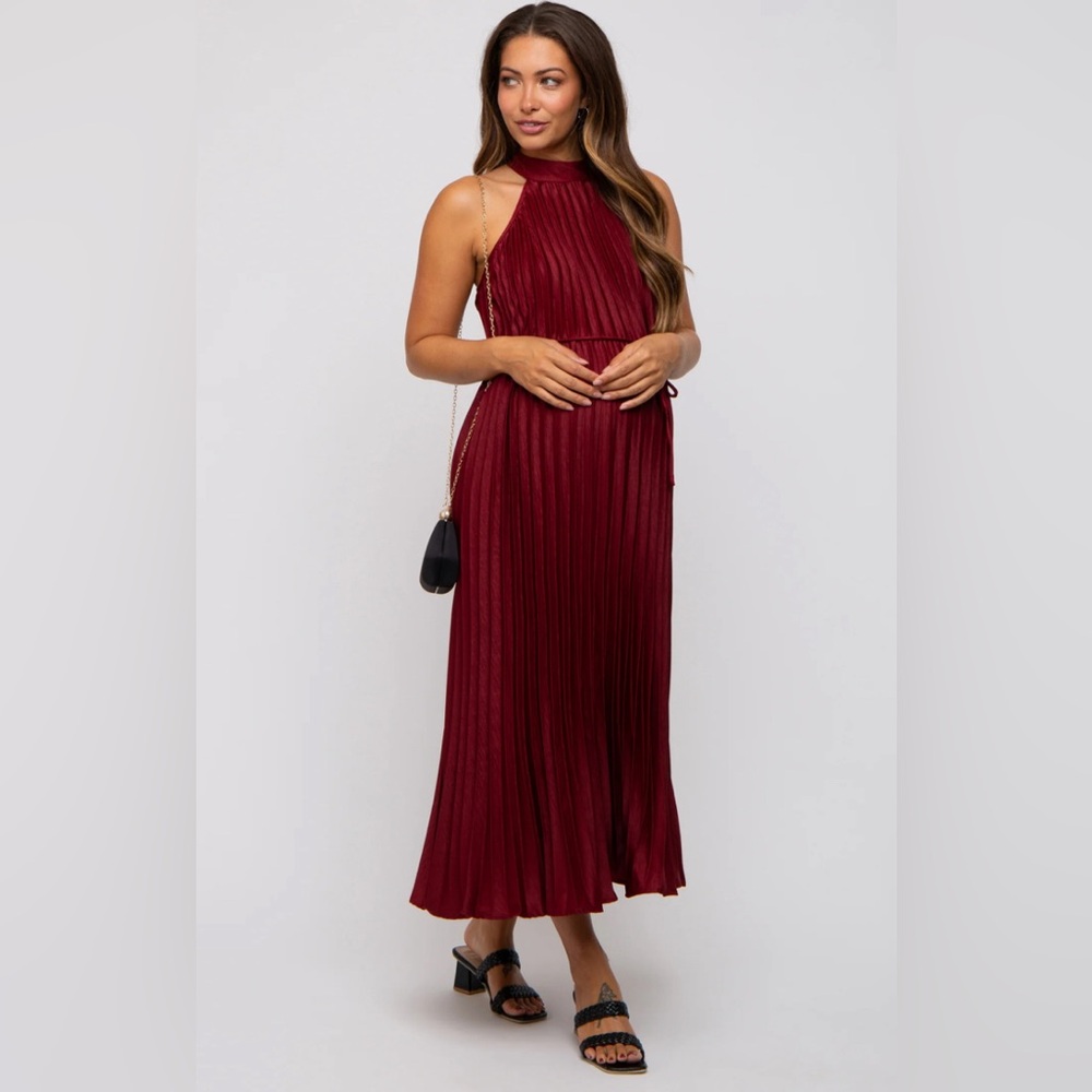 Burgundy pleated halter neck, maternity dress